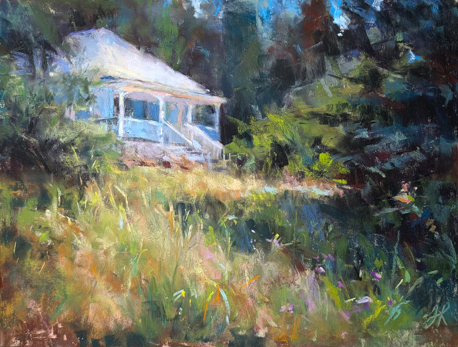 A soft, impressionistic painting of a white house with a porch, surrounded by tall grass and trees, bathed in sunlight, evoking a peaceful, rural scene. 15th Annual PleinAir Salon Art Competition
