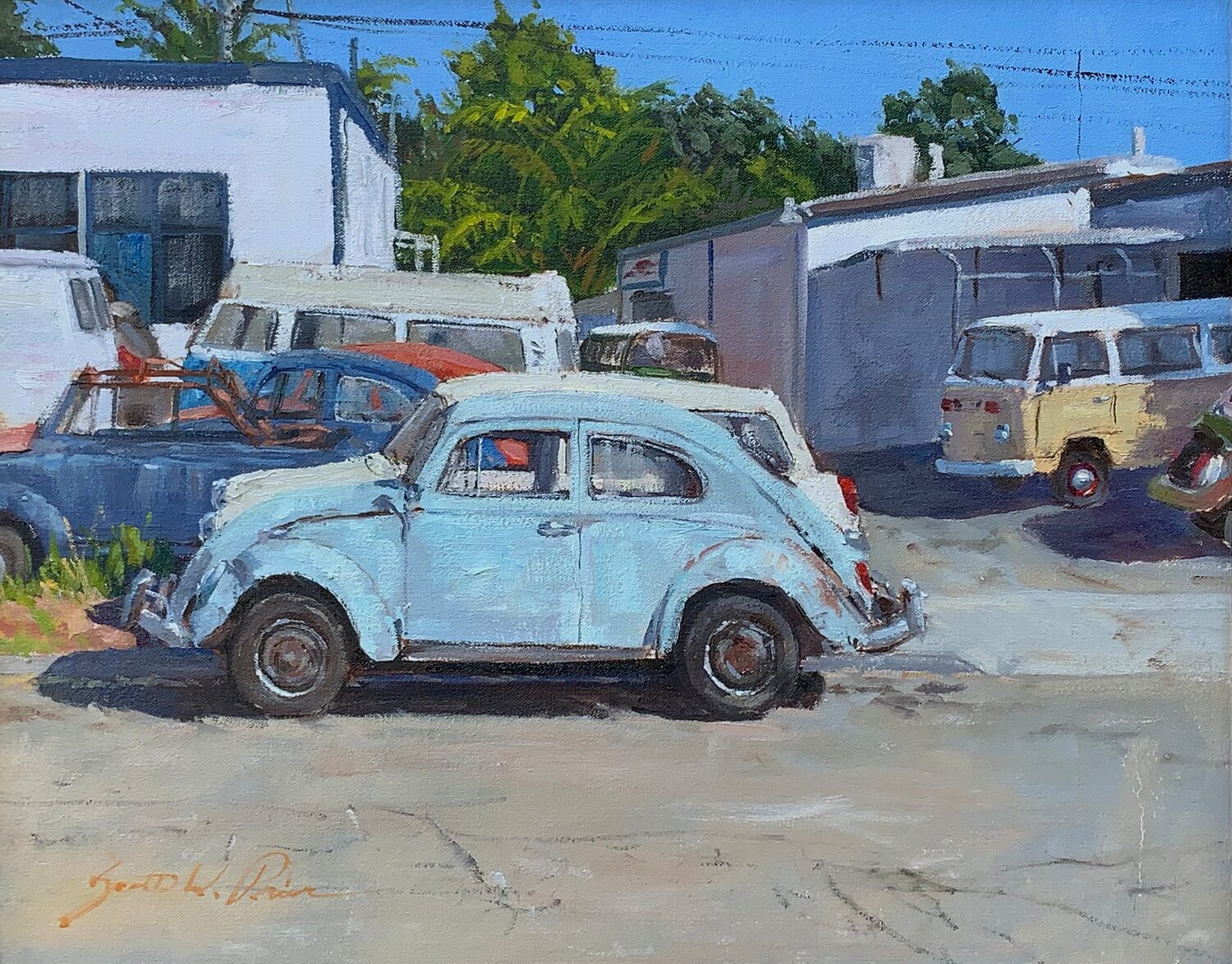 A painting of a classic light blue Volkswagen Beetle parked in front of a garage with other vintage cars, vans, and trees in the background under a bright blue sky. 15th Annual PleinAir Salon Art Competition