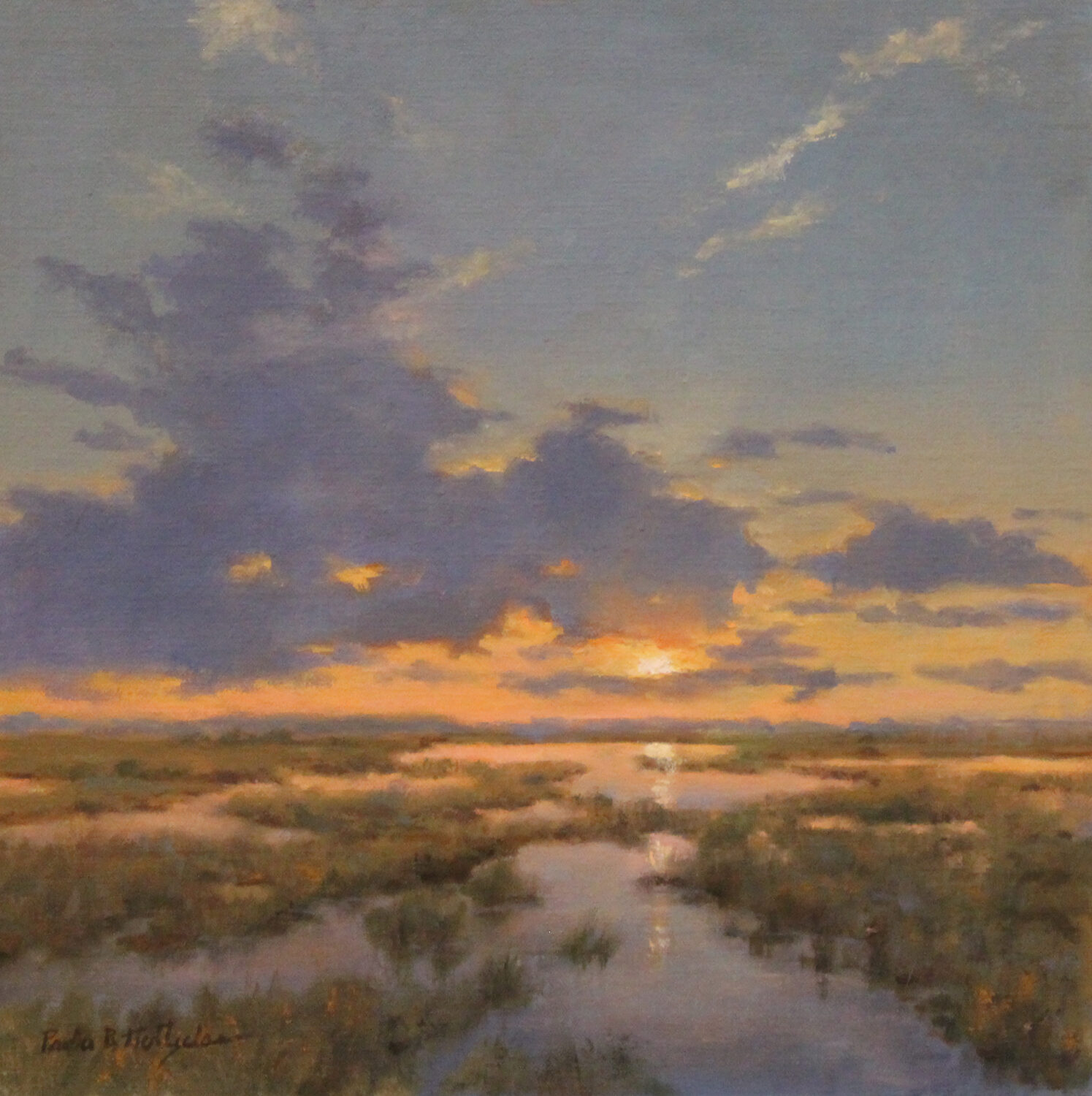 A serene sunset over a marshland, with golden light reflecting on water, scattered clouds in the sky, and patches of green grass throughout the landscape. 15th Annual PleinAir Salon Art Competition