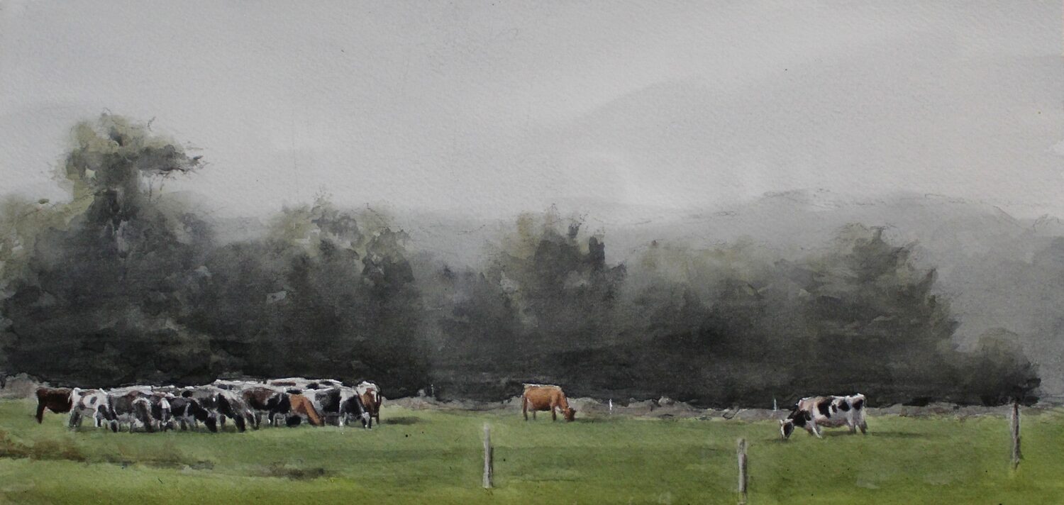 A watercolor painting of cows grazing on a green field, with a cluster of cows on the left and a few scattered on the right. There are trees and a misty, gray sky in the background. 15th Annual PleinAir Salon Art Competition