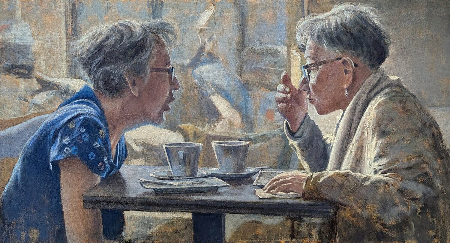 Two elderly women sit across from each other at a table with coffee cups, engaged in an animated conversation; one gestures expressively while the other listens intently. The setting appears cozy and softly lit. 15th Annual PleinAir Salon Art Competition