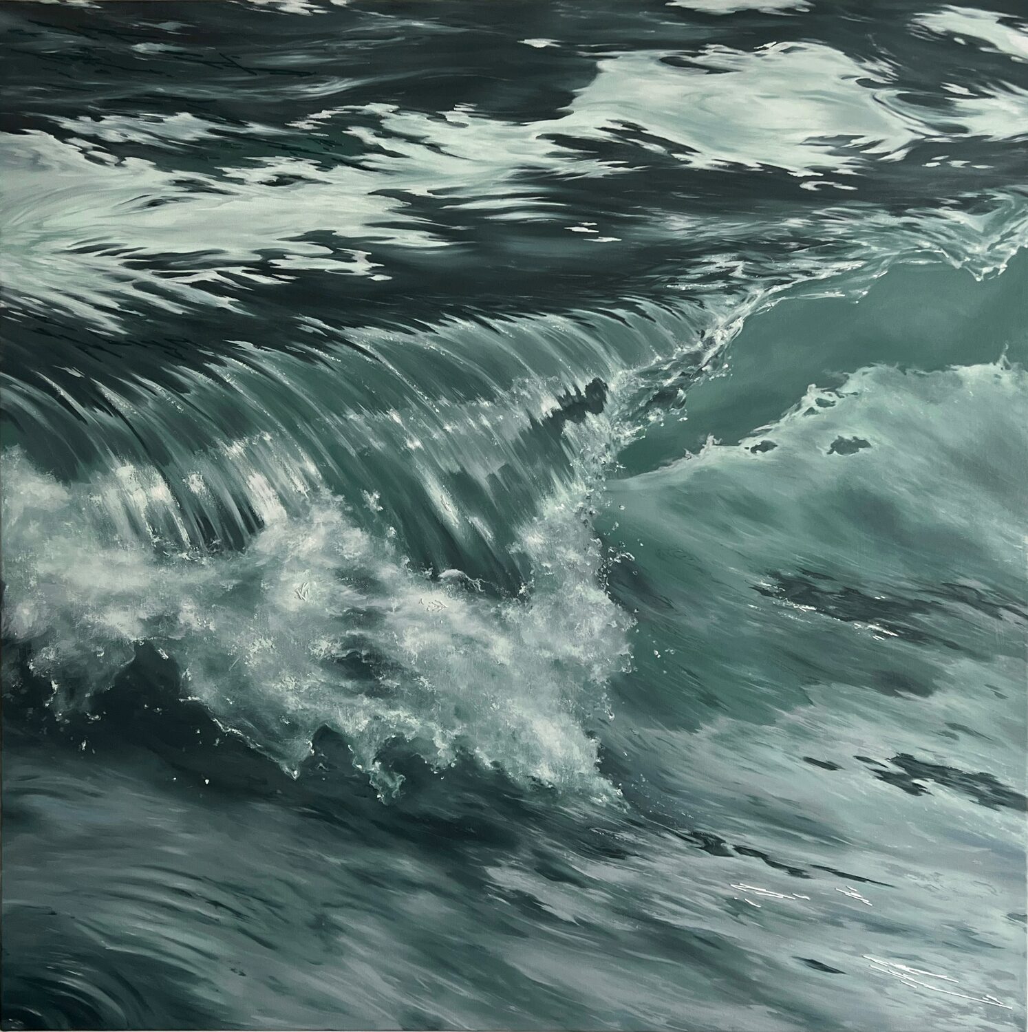 A close-up view of ocean waves, with white foam and swirling, dark teal water capturing the dynamic movement and texture of the sea. 15th Annual PleinAir Salon Art Competition