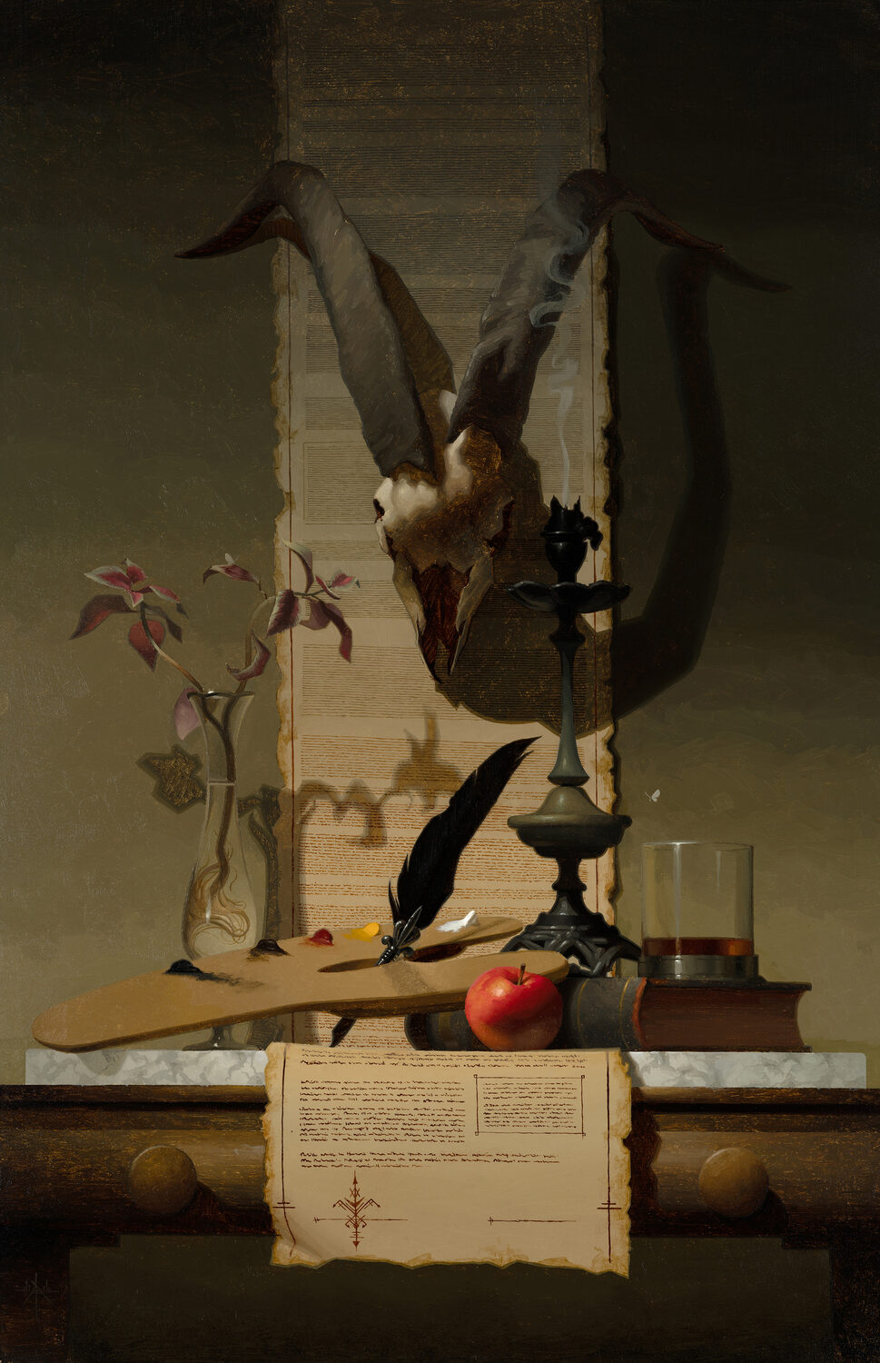 A still life showing a ram skull, a vase with leaves, a candlestick, a feather, a red apple, a book, a glass of amber liquid, and old papers on a wooden table against a dark background. 15th Annual PleinAir Salon Art Competition