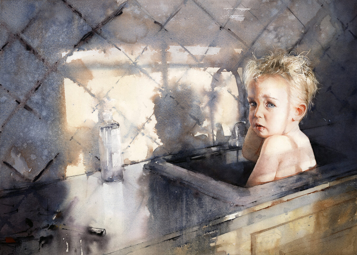 A young child with messy blond hair sits in a bathtub, looking over their shoulder. Sunlight streams through a window, casting shadows on the tiled wall behind them. A bottle of soap sits on the tubs edge. 15th Annual PleinAir Salon Art Competition
