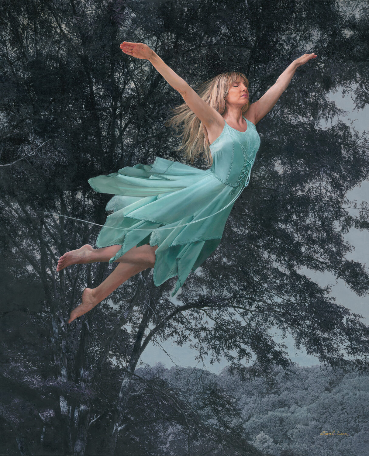 A woman in a flowing light blue dress appears to be flying or floating with arms outstretched in front of a large, dark tree and a cloudy sky. 15th Annual PleinAir Salon Art Competition