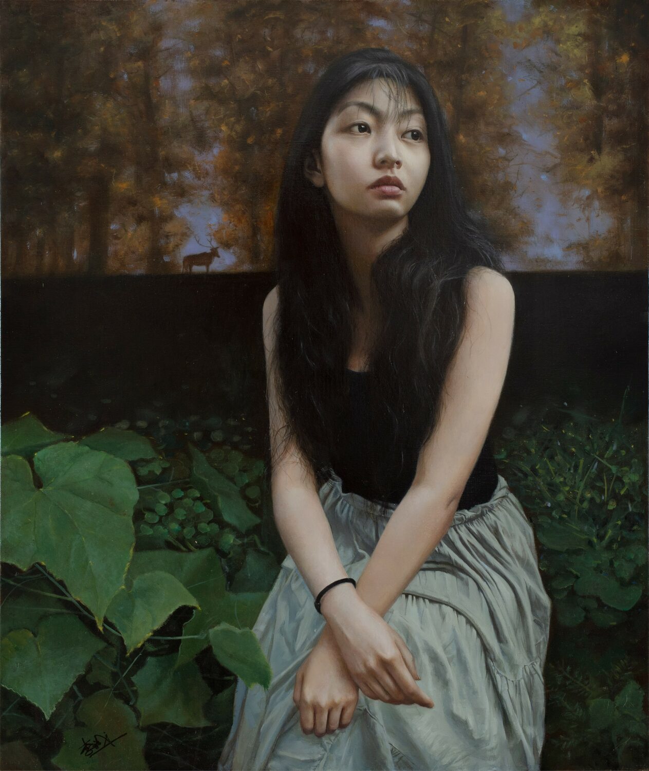 A young woman with long dark hair sits outdoors among green plants, wearing a black top and light skirt, with trees and a deer visible in the blurred background. She gazes thoughtfully to the side. 15th Annual PleinAir Salon Art Competition