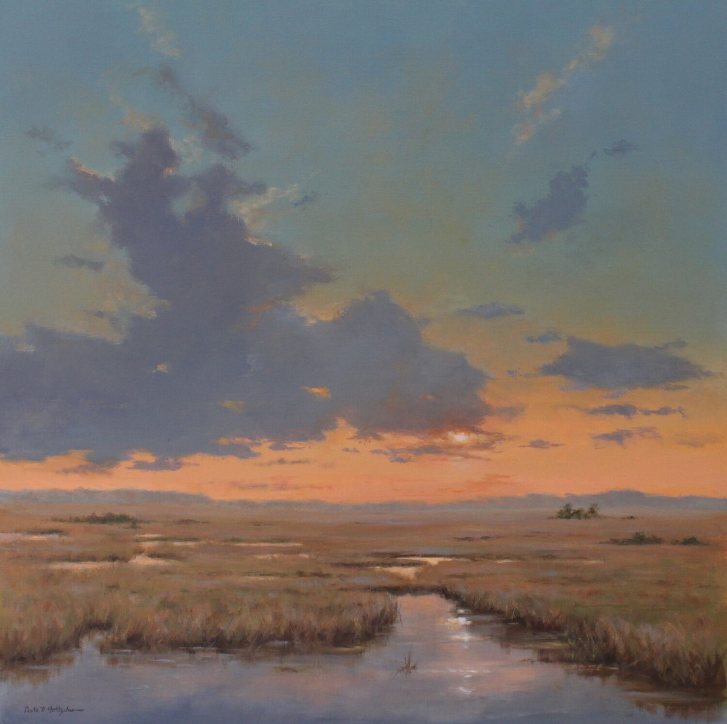 A serene marsh landscape at sunset with orange and blue sky, large dramatic clouds, and still water reflecting the colors. Tall grasses fill the scene. 15th Annual PleinAir Salon Art Competition