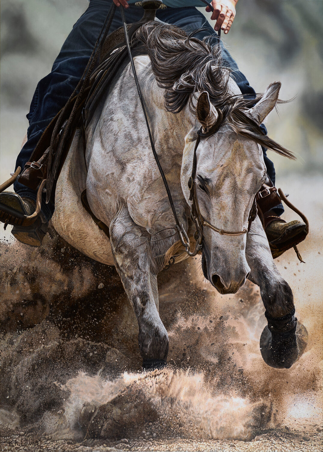 A rider on a gray horse kicks up dust as the horse jumps or bucks energetically, showcasing power and movement in an outdoor setting. 15th Annual PleinAir Salon Art Competition