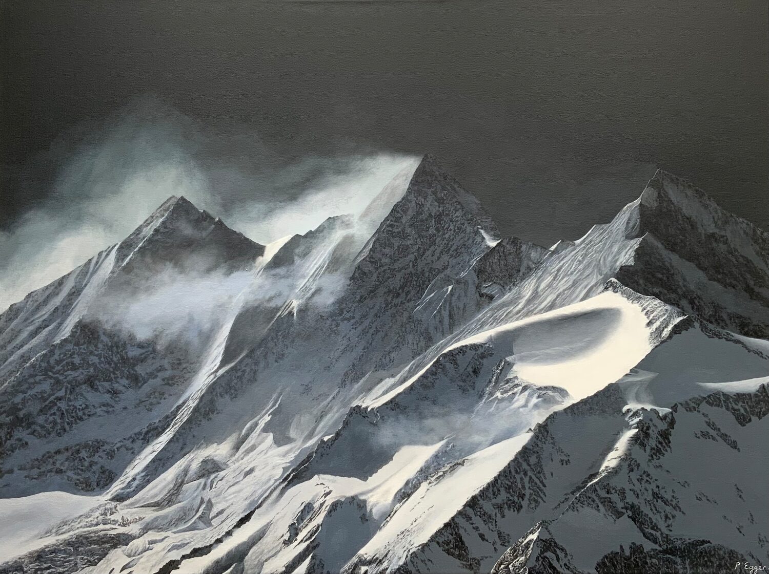 Snow-covered mountain peaks under a dark, dramatic sky, with mist and clouds swirling around the sharp ridges. 15th Annual PleinAir Salon Art Competition