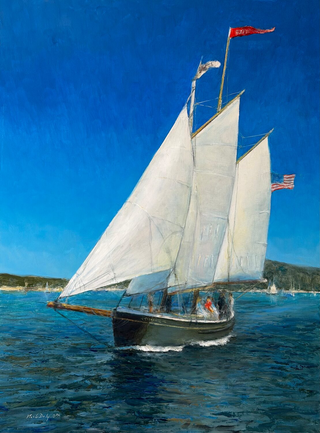 A sailboat with white sails and flags glides on a blue sea under a clear sky. Several people are on board, and a distant shoreline and other boats are visible in the background. 15th Annual PleinAir Salon Art Competition