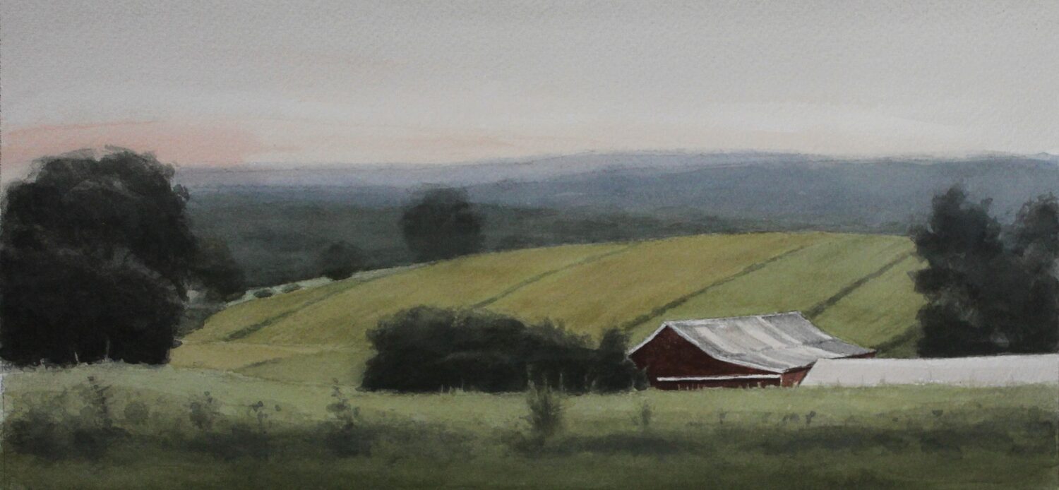 A watercolor painting of a rural landscape with rolling green fields, a red barn, dark trees, and distant hills under a soft, pale sky. 15th Annual PleinAir Salon Art Competition
