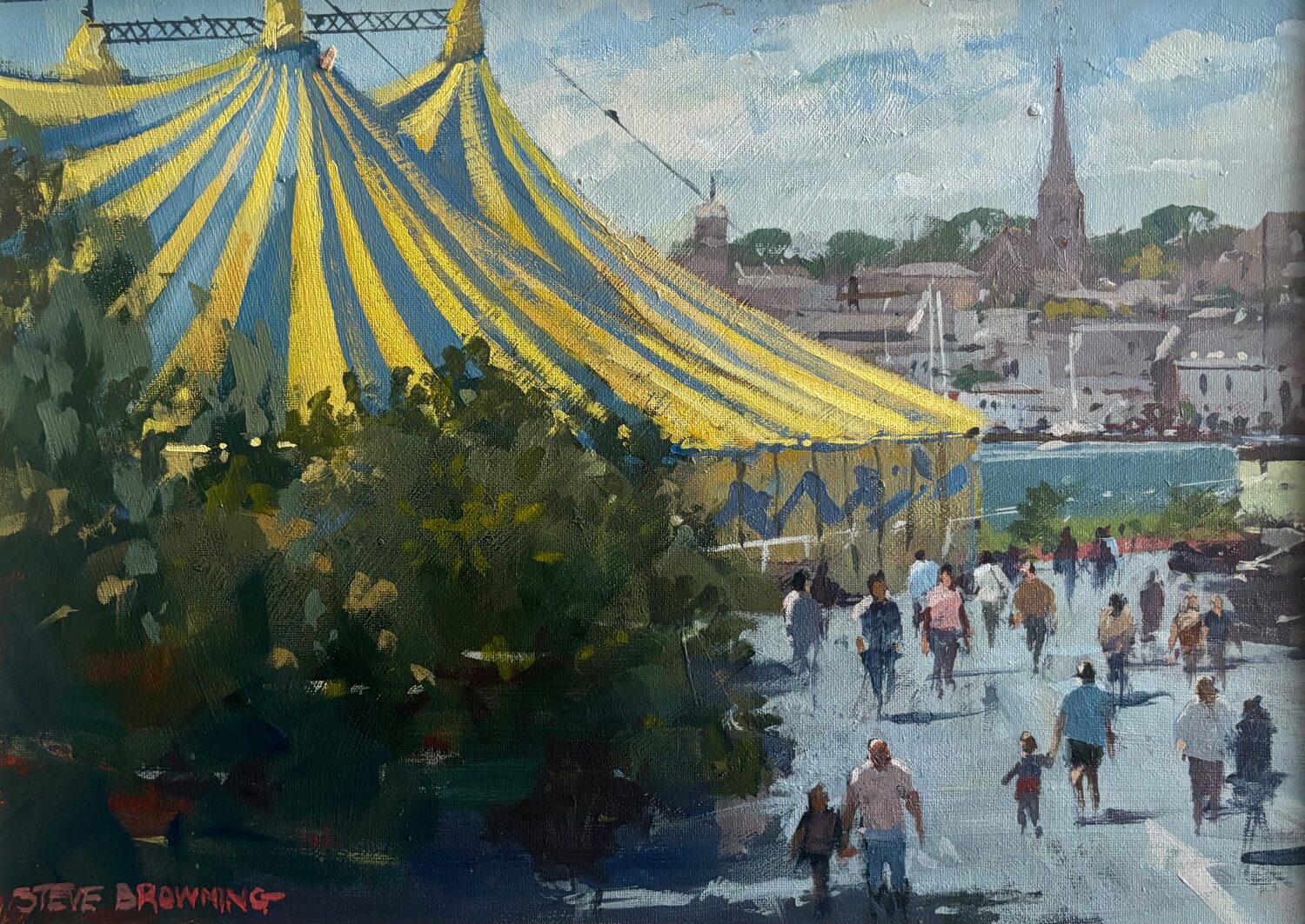 Painting of people walking toward a large yellow and blue circus tent near a waterfront, with trees on the left and a town with a church steeple in the background. The artists signature is in the bottom left corner. 15th Annual PleinAir Salon Art Competition