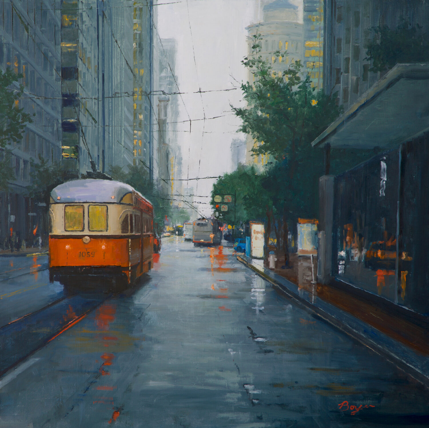 A red streetcar drives down a wet city street lined with tall buildings, trees, and glowing signs on a rainy day. Reflections from the lights and streetcar shimmer on the road. 15th Annual PleinAir Salon Art Competition