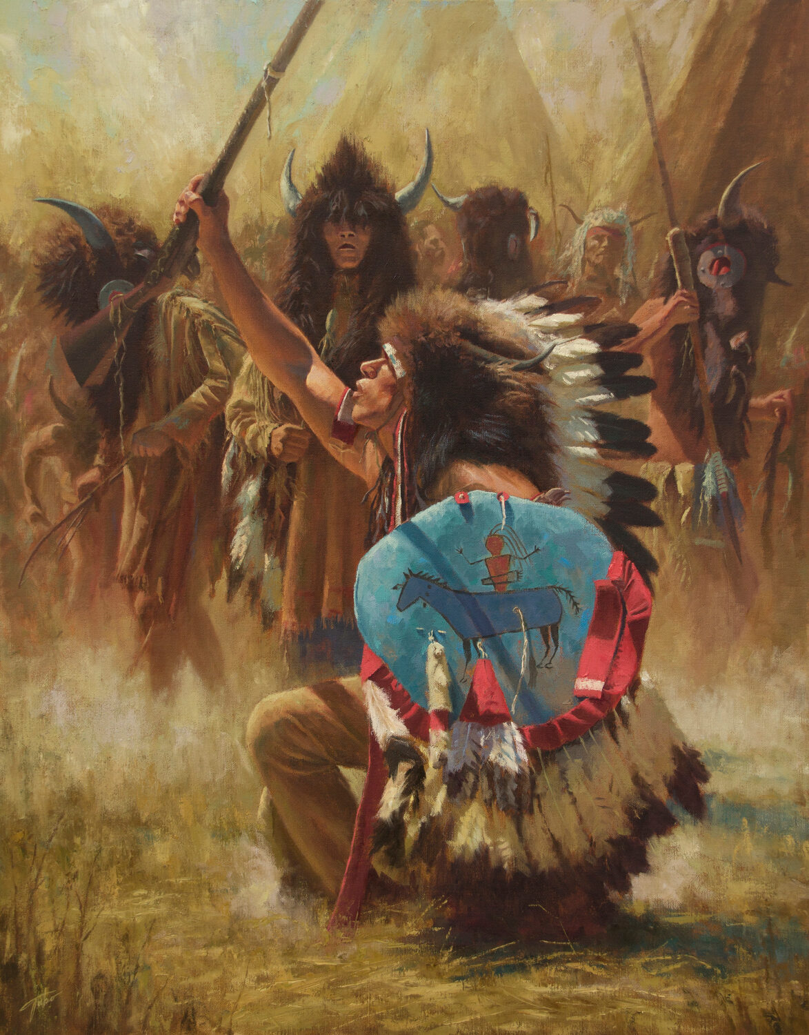 A group of Indigenous people in traditional clothing, including feathered headdresses and animal pelts, gather holding staffs. One man kneels in front with a painted blue shield featuring a horse and warrior. 15th Annual PleinAir Salon Art Competition
